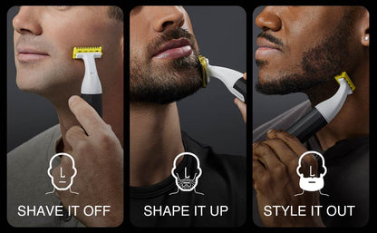 Three men using razors with text 'Shave It Off', 'Shape It Up', and 'Style It Out' on a dark background.