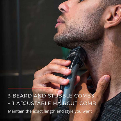 Man using an electric razor on his beard with text about beard and stubble combs.