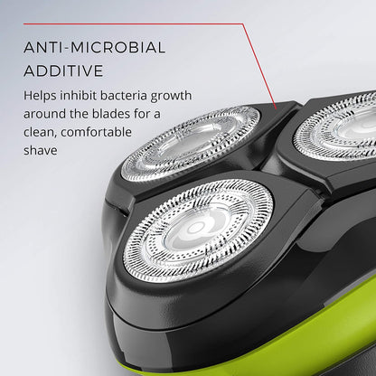 Close-up of a shaver head with anti-microbial additive feature on a gray background