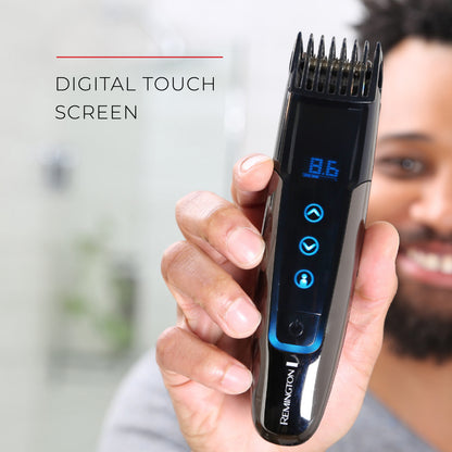 Hair trimmer with digital touch screen held by a person, brand 'Remington' visible