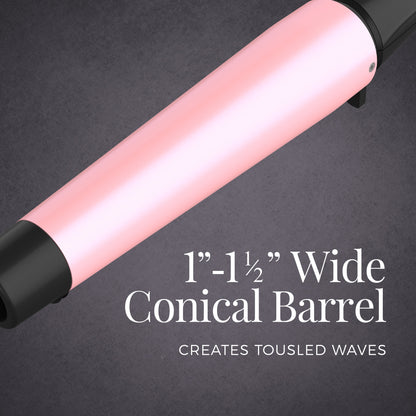 Pink conical barrel hair styling tool on a dark background with text describing its size and effect.