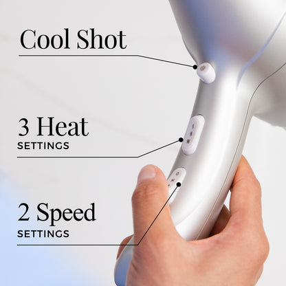 Hand holding a hair dryer with labeled features on a light gray background