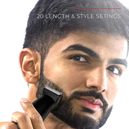 Man using a beard trimmer with text '20 Length & Style Settings' on a white background