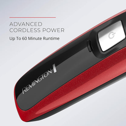 Red and black Remington grooming tool with power indicator on a light gray background