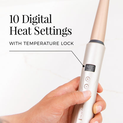 Hair straightener with digital display held in a hand, featuring text about digital heat settings.