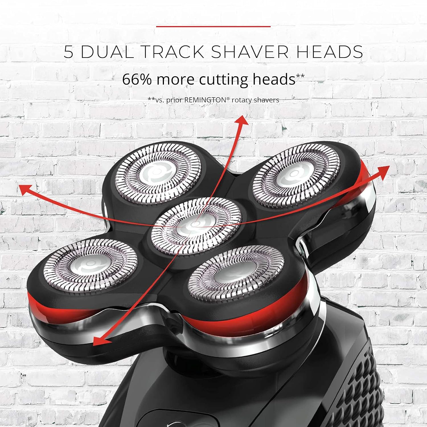 Shaver head with five dual-track shaving heads on a white brick wall background