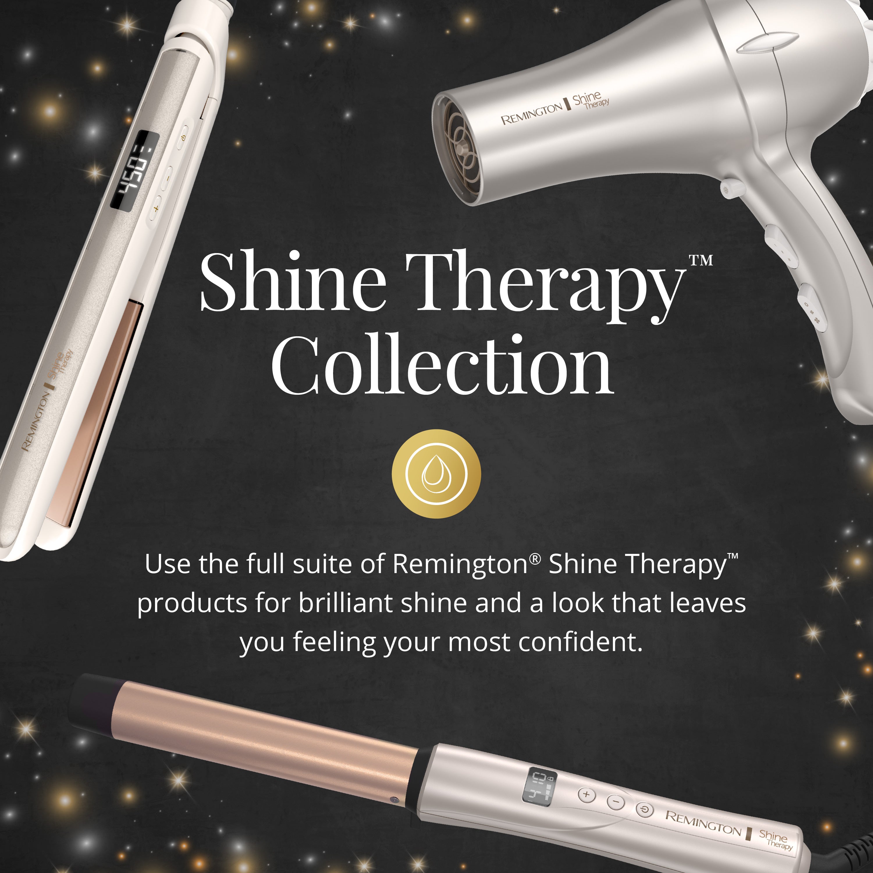 Remington Shine Therapy Collection with hair straightener, dryer, and curling iron on a dark background.