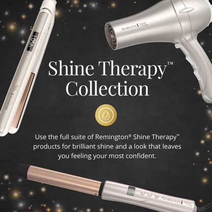 Remington Shine Therapy Collection with hair straightener, dryer, and curling iron on a dark background.