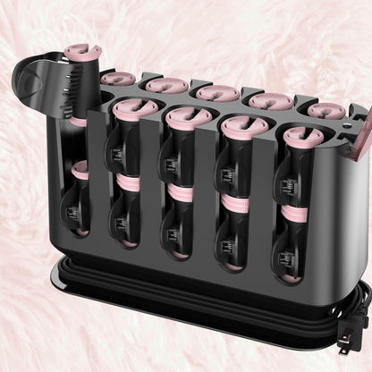 Hair roller set with pink rollers in a black holder on a pink background