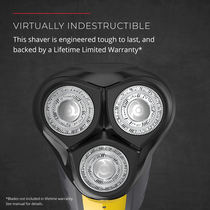 Shaver with three circular heads on a dark background, featuring text about durability and warranty.