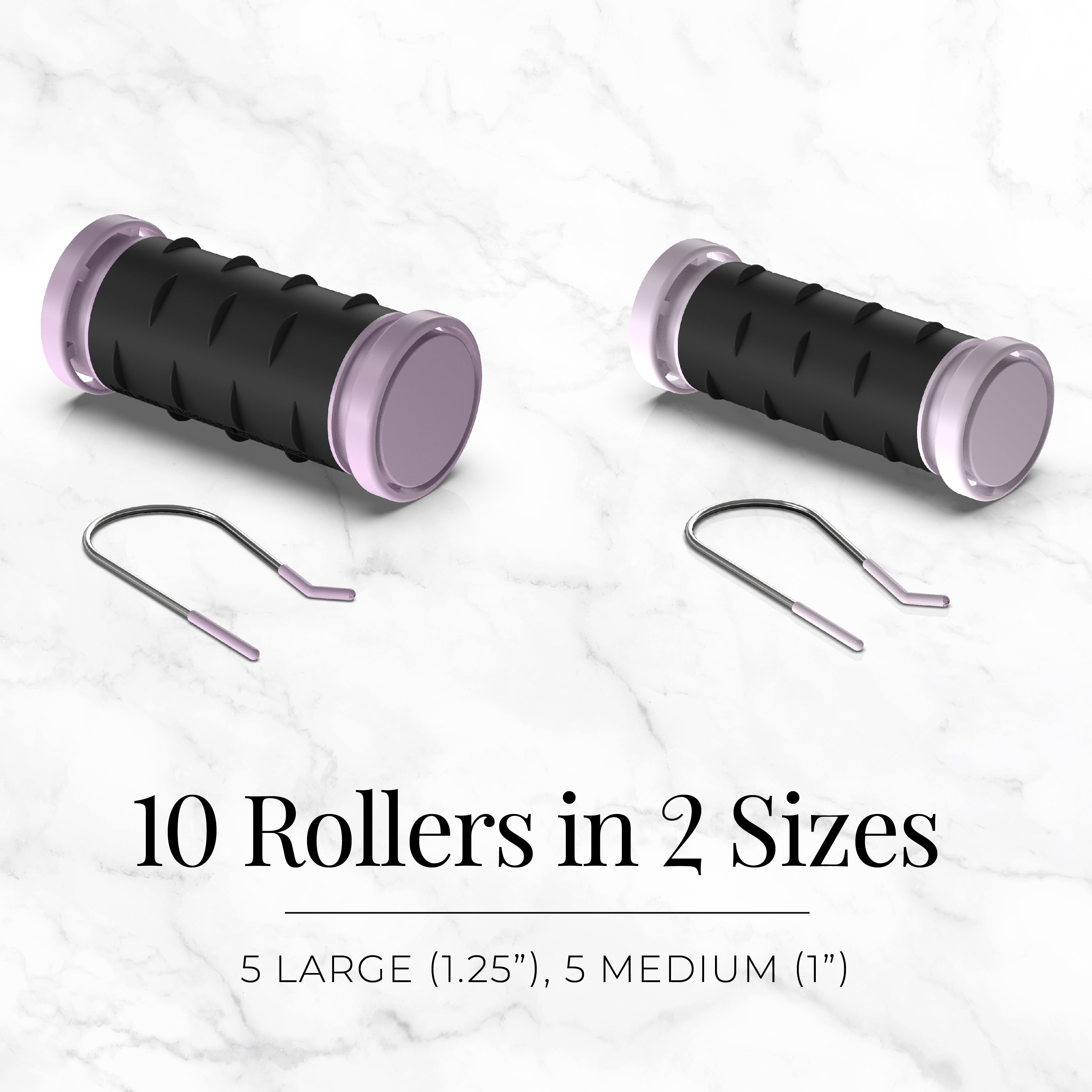 Two black and purple rollers with two metal hooks on a white background.