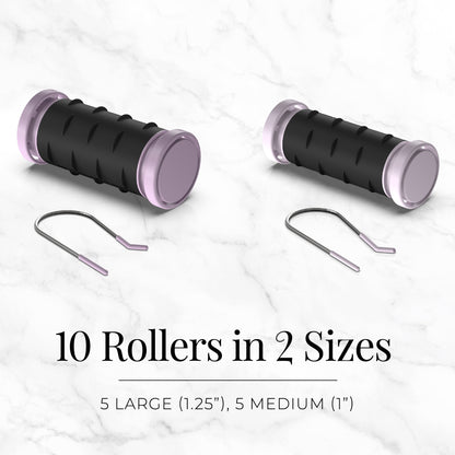 Two black and purple rollers with two metal hooks on a white background.