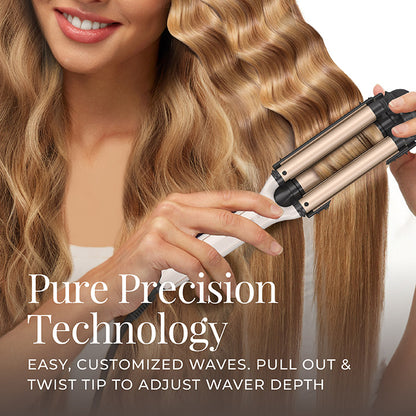 women using the 4-in-1 Adjustable Waver to put waves on her blonde air