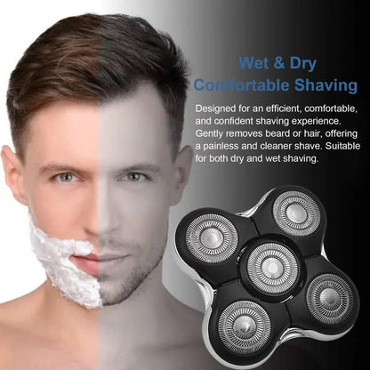 Electric shaver with a split image of a man before and after shaving.