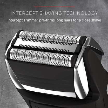 Shaving system with 'Intercept Shaving Technology' text on a gray background