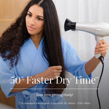 Woman in a blue robe using a hair dryer with text about faster dry time.