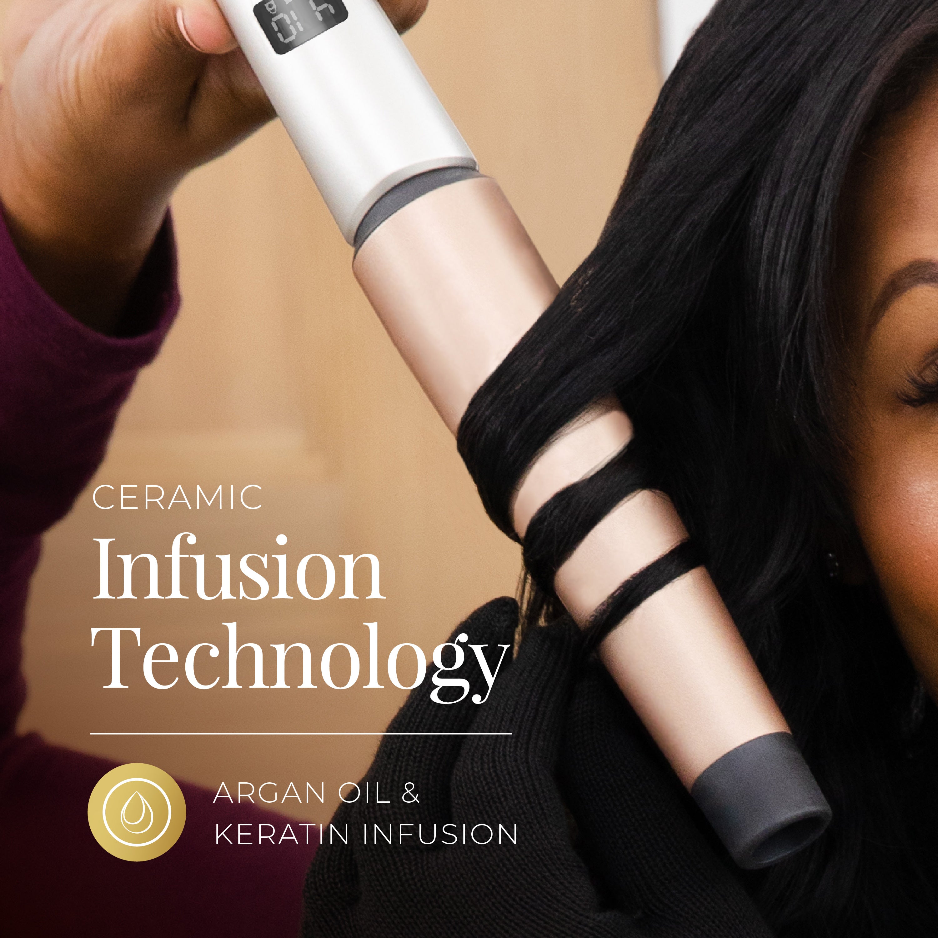 Person using a hair styling tool with text about ceramic infusion technology and argan oil keratin infusion.