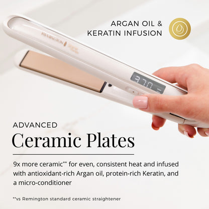 Hair straightener with Argan oil and Keratin infusion on a white background