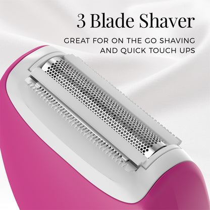 Pink and white three-blade shaver on a light gray background