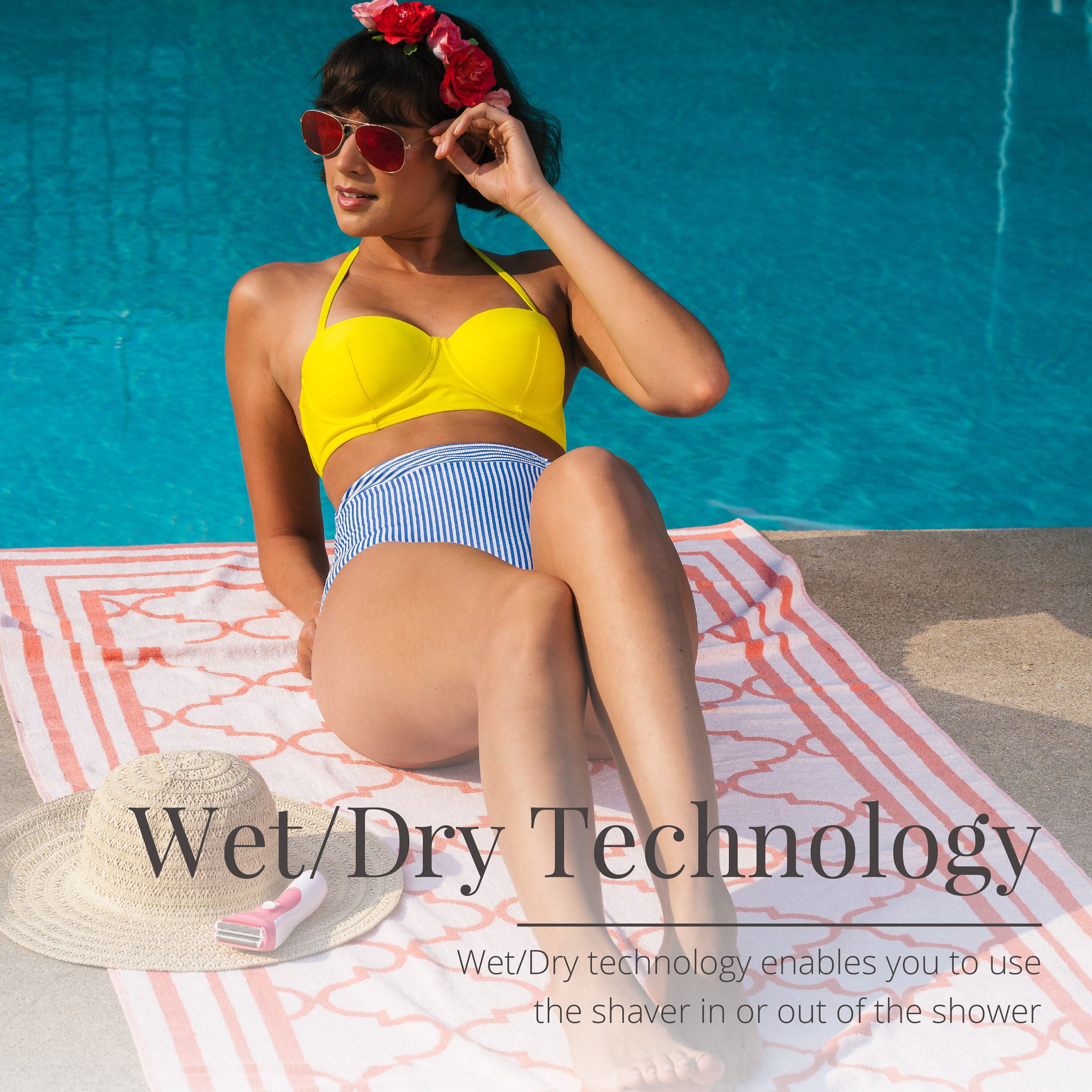 Woman in yellow bikini sitting by a pool with text about Wet/Dry technology.