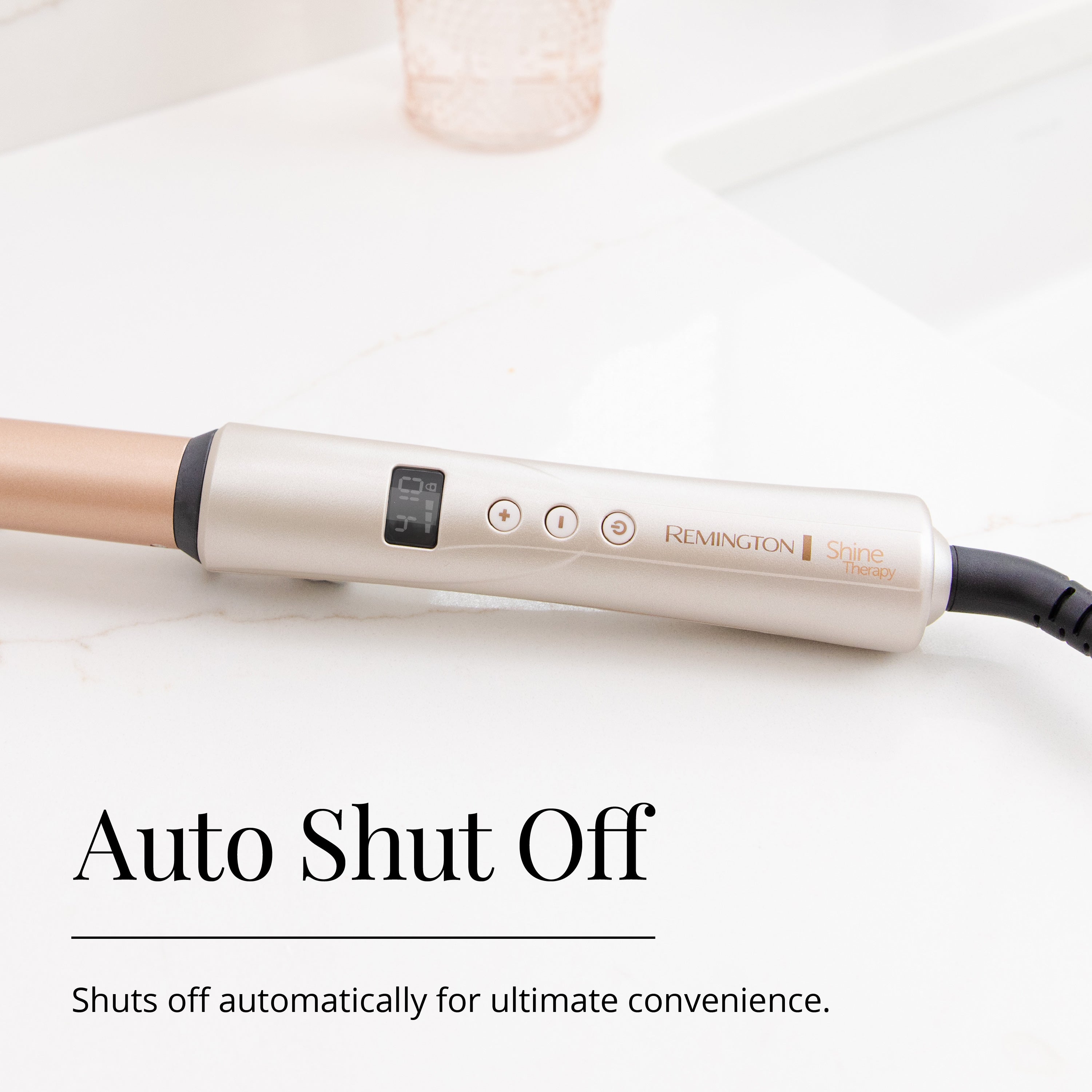 Remington hair straightener with auto shut off feature on a white background