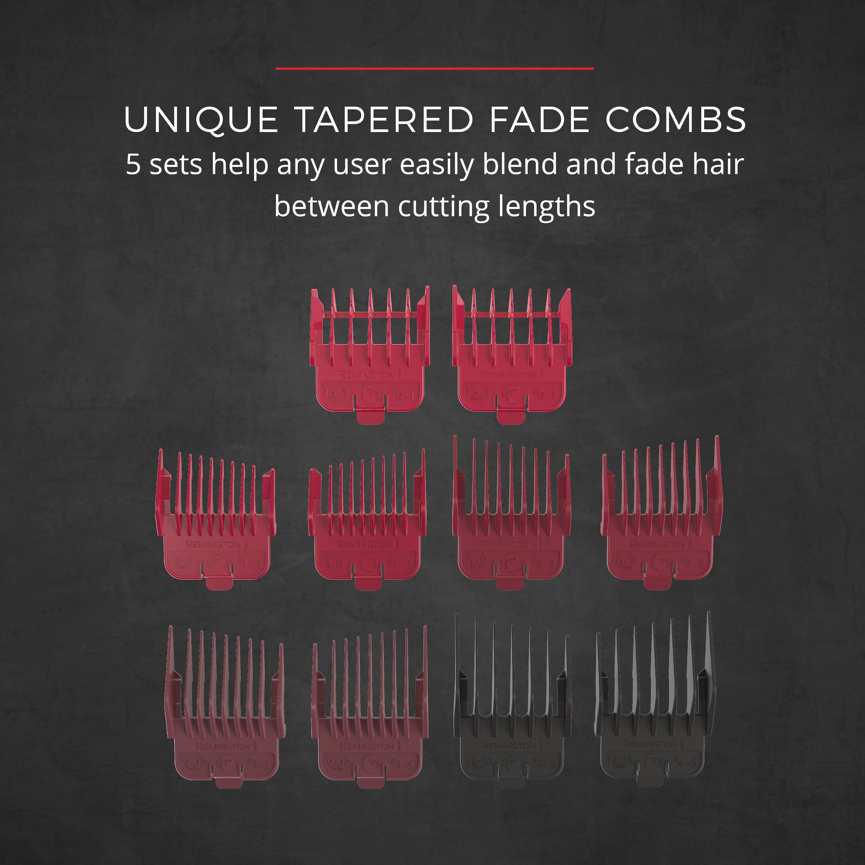 Set of unique tapered fade combs on a dark background with text describing their use.