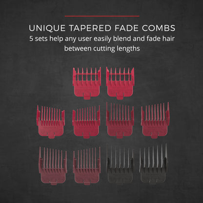 Set of unique tapered fade combs on a dark background with text describing their use.