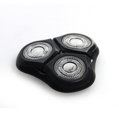 Black and silver three-blade shaver on a white background