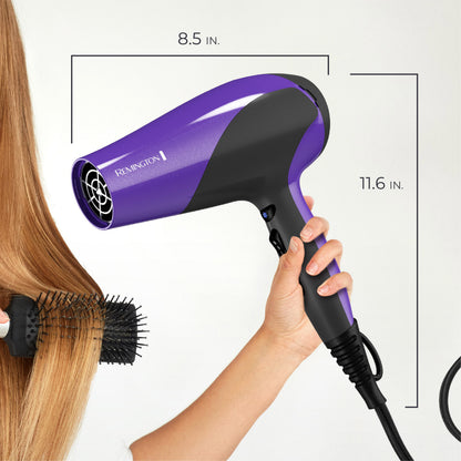 Purple and black Remington hair dryer being used on hair with measurements displayed.