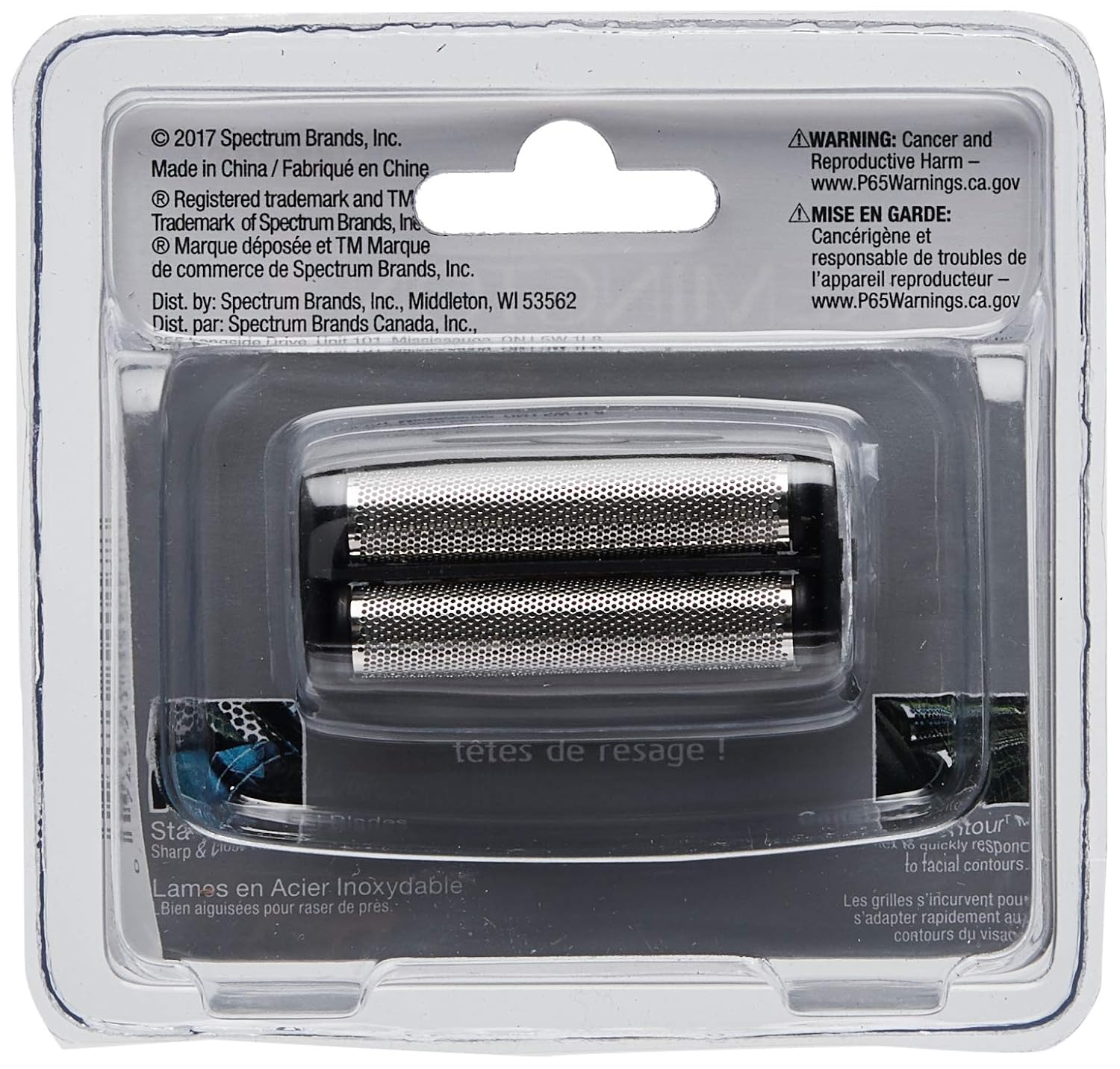 Shaver head in packaging with brand information