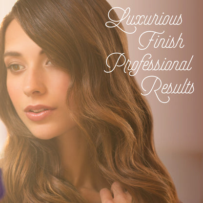 Woman with long, wavy hair with text 'Luxurious Finish Professional Results' on a blurred background