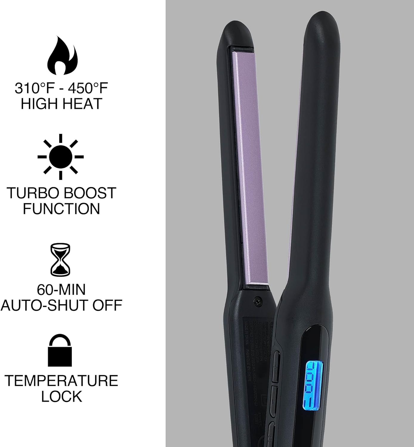 Black hair straightener with digital display on a gray background, featuring text and icons about its features.