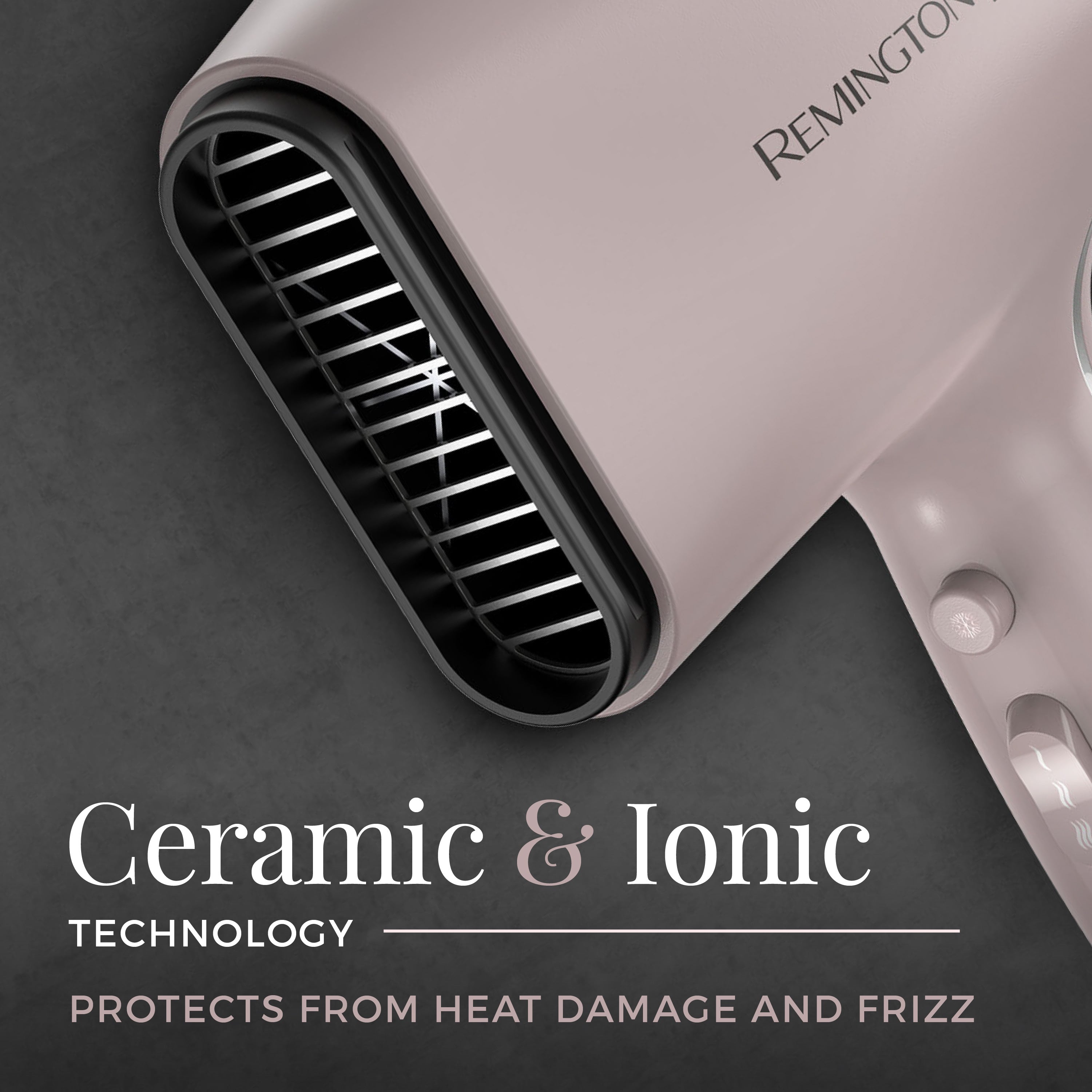 Remington hair dryer with 'Ceramic & Ionic' technology text on a dark background