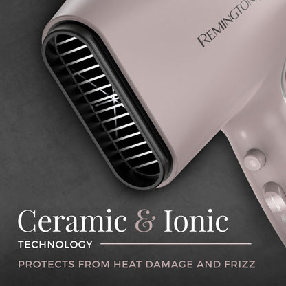 Remington hair dryer with 'Ceramic & Ionic' technology text on a dark background